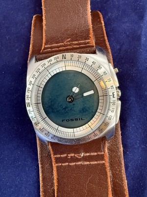 Vtg Fossil World Map Big Tic Watch Mens 40mm Blue Dial Leather Band BG2059