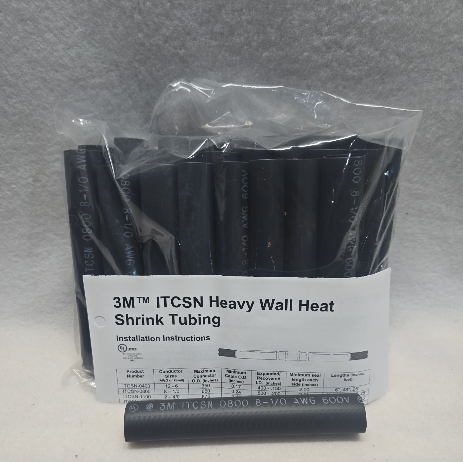 3M Heat Shrink Heavy-Wall Cable Sleeve ITCSN-0800, 8-1/0 AWG, 6 inches 25 pk