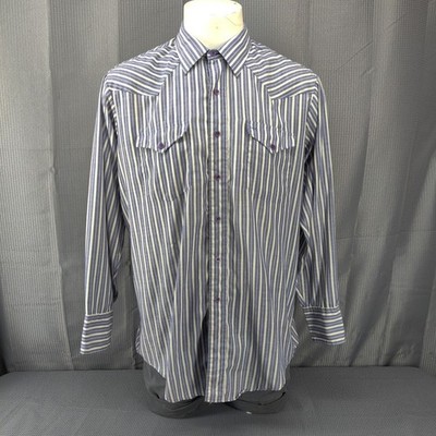 VTG H Bar C Western Ranchwear Shirt Mens 17 34 Blue Striped Cowboy California