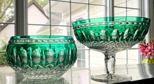 2 Waterford Crystal "Clarendon" Pattern Bowl & Compote in Emerald Green; MINT