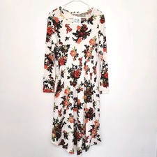 Vintage Reb & J Womens Ivory Floral Dress Sz Med Cinched Waist Long Sleeve