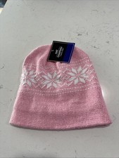 Pink White Fleece Lined Alpine Winter Hat OS Beanie Warm Snowflake Skiing Hiking