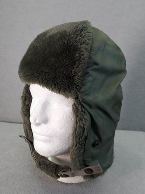 Vintage L Faux Fur Helmet Flyers winter warm snap Cap Hat Green gray fur VGUC USAF B-9B Winter Flyer main image 2