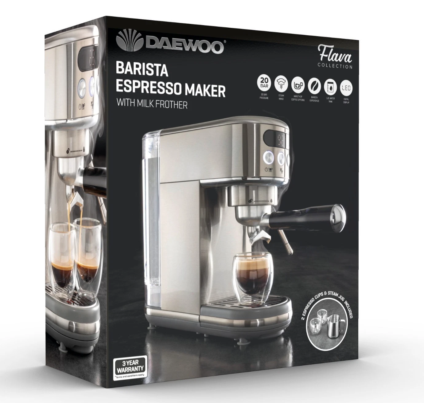 Daewoo Barista Espresso Machine Digital 20 Bar FIlter Coffee Maker Milk Frother