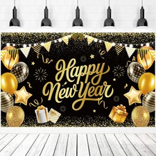 Happy New Year Banner Backdrop 2026 for New Years Eve Party Supplies Glitter Bla