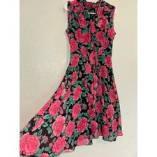 Hell Bunny Black Pink Floral Ruffle Neck Sleeveless Midi Dress Size S