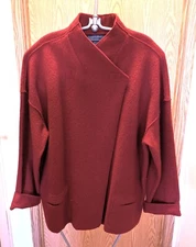 Vtg Herman Geist Red Wool Cardigan Jacket Asymmetrical Front Hidden Buttons L