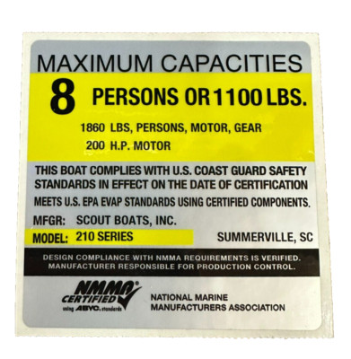 OEM Scout Boats 210XSF Maximum Capacity Placard 8 Person / 1100LBS / 200HP