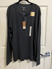 New Mens Thermal Henley Shirt Long Sleeve Cotton Button Pullover Gray LARGE