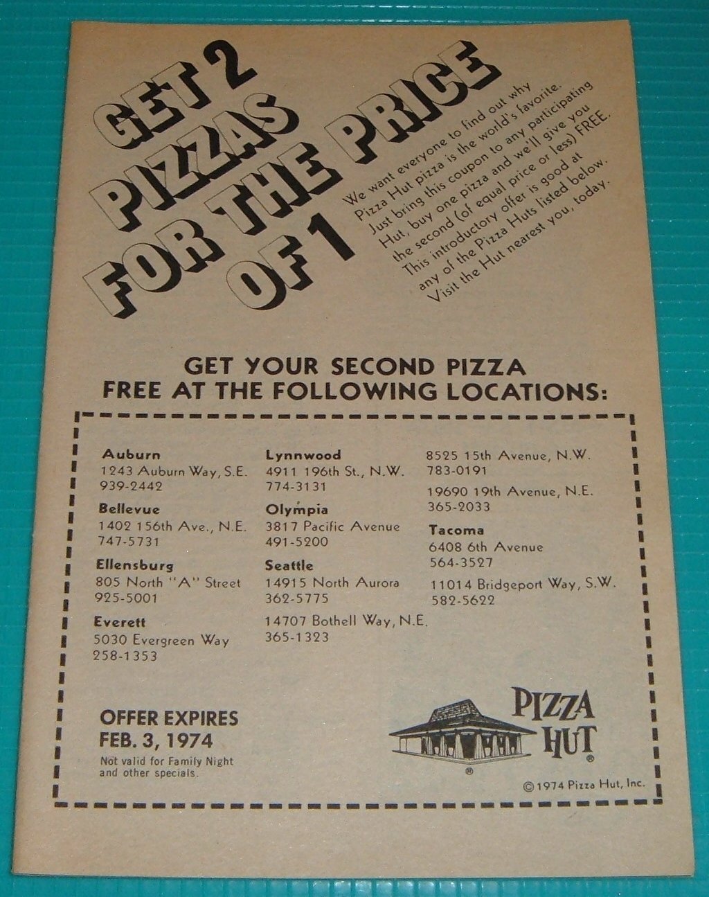 1974 PIZZA HUT RESTAURANT PRINT AD SEATTLE AUBURN BELLEVUE OLYMPIA
