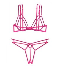 Victoria's Secret Shine Strappy Rhinestone Open-Cup Triangle Bra Thong Set Pink