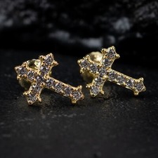 Mens Gold Plated Small Cross Sterling Silver Screw Back Post Stud Earrings