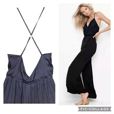 Victoria s Secret Small Black Jumpsuit Wide Leg Satin Strappy Ruffle Open Back