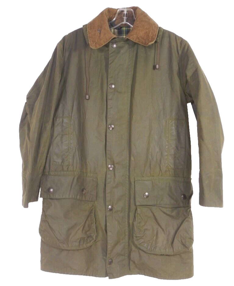 Vintage 1980s Barbour A200 Green Waxed Jacket with Hood Size 34