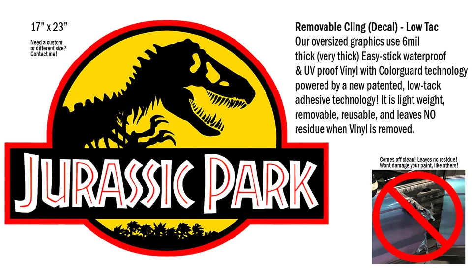 Jurassic Park Yellow Back CLING! 2 water/UV proof Removal decals for your Car Foto 3 de 4