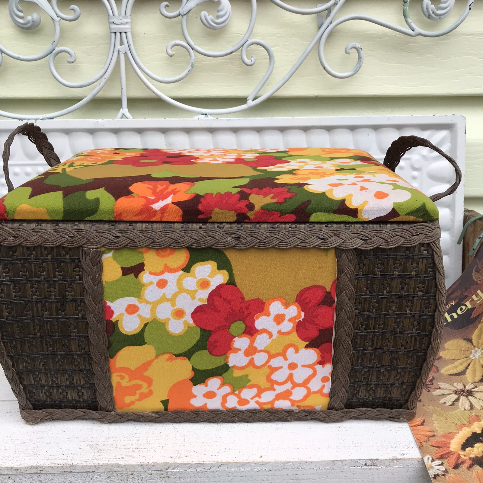 Vtg MCM Groovy 70s Orange Yellow Floral Wicker Storage Sewing Basket w Craft Bk