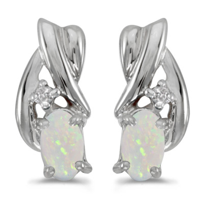 Ohrringe 14 Karat Weißgold ovaler Opal und Diamant