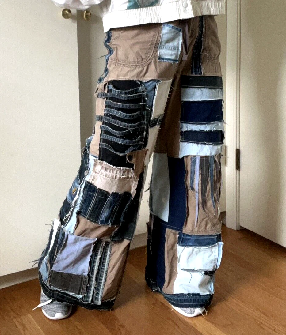 Upcycled Crazy Pants Wide Leg High Waist Denim Patchwork Shreds