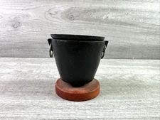 Vintage Cast Iron Metal Cauldron Bean Pot Small Black On Wood Stand Smelting