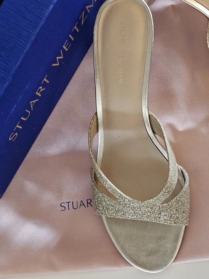 NEW $395 Stuart Weitzman Sz 8 Mariposa Slide Gold Glitter Platino Sandals Heels  - Image 3 of 4
