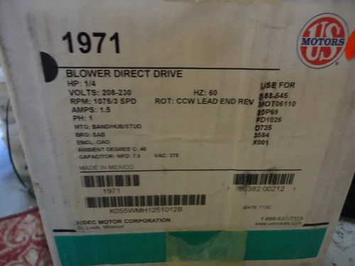 US Motors Nidec 1/4 hp 1075 RPM 208-230V Blower Motor P/N 1971