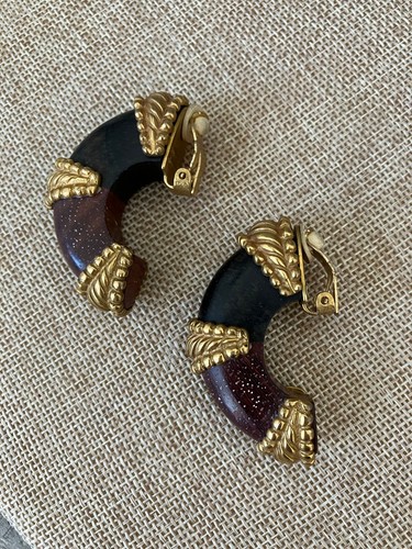 VINTAGE 1980'S DOMINIQUE AURIENTIS GOLD TONE Wooden HALF HOOP EARRINGS - Picture 7 of 7