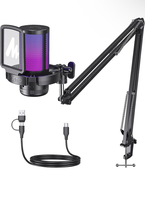 Maono DGM20 Gaming USB Microphone w/ Noise Cancelling (Black) And Arm