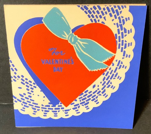 VTG DA Valentine Card UNUSED Hearts Doily Ribbon Red White & Blue - Picture 2 of 4