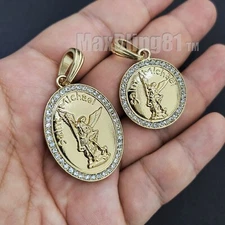 Iced Gold Plated Brass Cubic Zirconia Saint Michael Archangel Charm Pendant