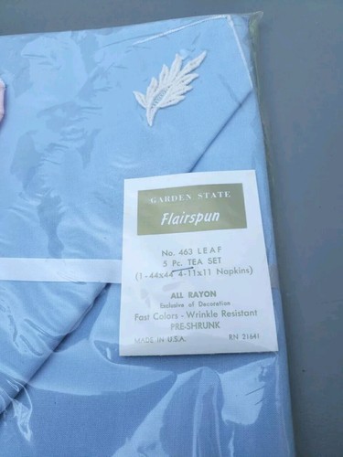 Selten Vintage Garden State Flairspun 5 Teile Leinen Teeservice blau/rosa ganz Viskose USA Neu im Karton - Bild 2 von 3