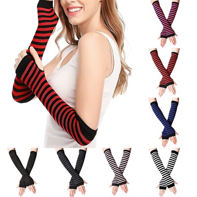 Women Striped Knit Fingerless Gloves Wrist Arm Warmer Long Sleeve Elbow Mittens
