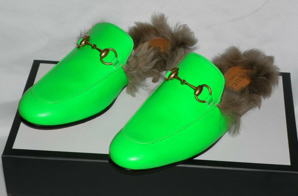 Spanien Blinke sydvest GUCCI PRINCETOWN HORSEBIT FUR GREEN LEATHER MEN SLIPPER SLIDE MULE 6 Sz.  6.5US | eBay