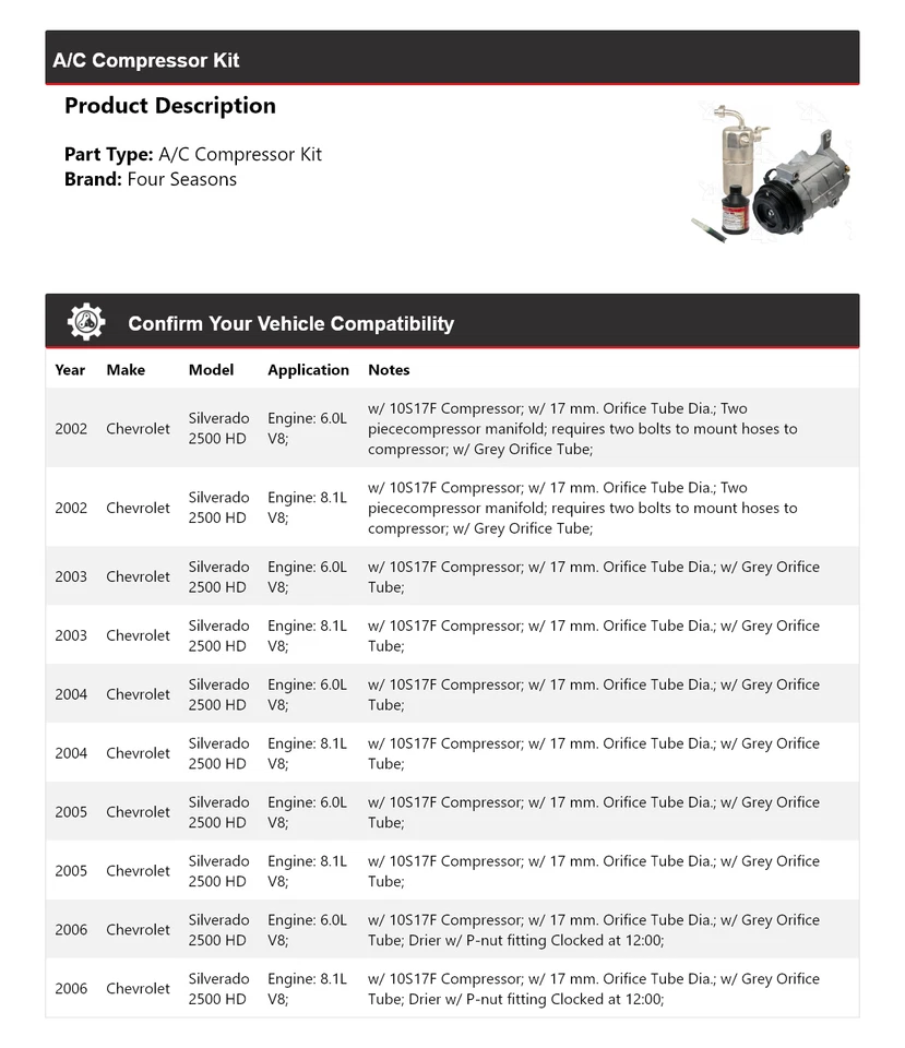 Kit compresor aire acondicionado Chevrolet Silverado 2500 HD 2002-2006 4 estaciones 2003 2004 Foto 2 de 4