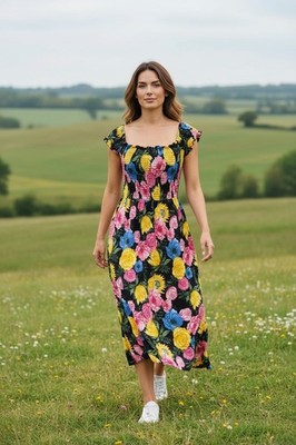 Coco & Shay Smocked Black Floral Maxi Dress Faux Wrap EUC Large Flutter Sleeves