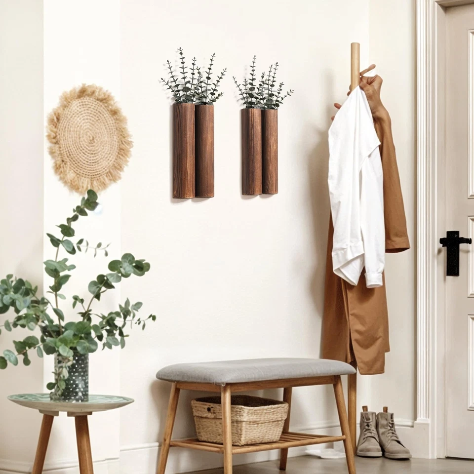 Pack de 4 jardineras de pared de madera con 20 piezas de eucalipto artificial, decoración de pared moderna... Foto 2 de 4
