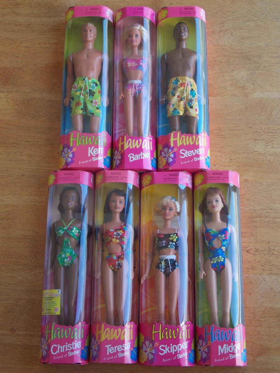 1999 New Lot Of 7 Hawaii Barbie Ken Teresa Christie Midge Steven