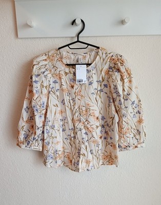 H&M Bluse mit Puffärmeln Millefleur Apricot Oversize Gr. S 36 Neu mit Etikett 