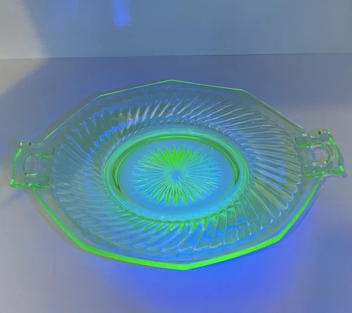 Imperial Green Depression Glass Twisted Optic Swirl Handled Cake Plate Dish 12”