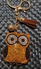 KEYCHAIN OWL , GOLD, BLK, CRYSTALS, Ring/Clip, Tassel,Leadfree, BROWN, Gold, 5"
