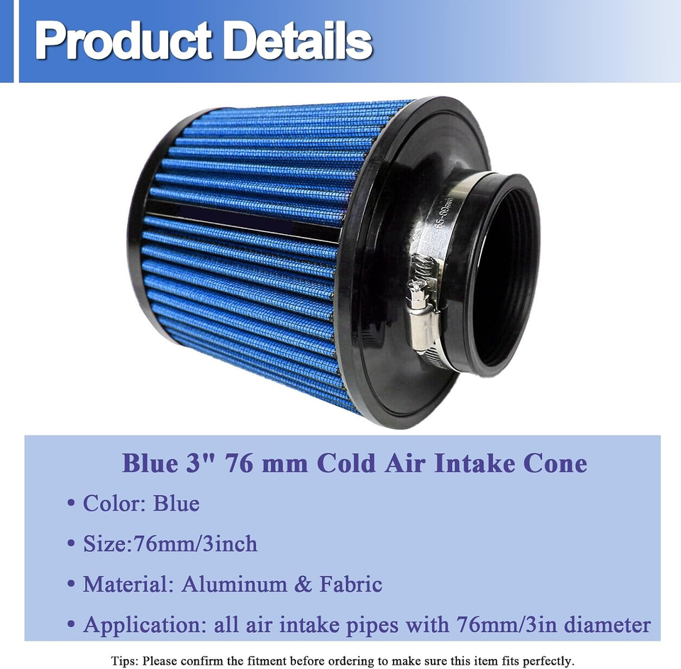 Blue 3-Inch Cold Air Intake Filter 76mm-High Performance Clamp-On ...