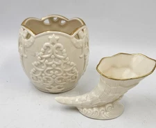 Holiday Lenox Merry Lights Tree Votive Holder & Cornucopia Porcelain Ivory Gold