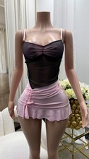 i.s.f. SeXy Miss Women Gogo Mini Dress Mesh Ruffle Stretch Rosa Schwarz XS/S