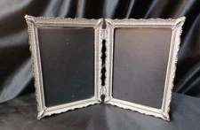 Vintage White Gold Metal Double Hinged Picture Photo Frame Ornate 5" X 7"