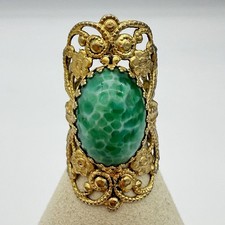 Vintage Czech Peking Glass Ring Large Green Cab Ornate Filigree Adjustable 1950s