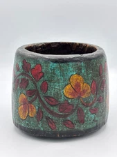 Vintage Primitive Wooden Bowl Teal Hand Painted Chippy Rustic 4.5” x 5.5”