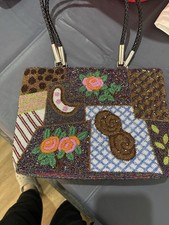 Vintage multicoloured Beaded Patchwork Floral Top Handle Bag, Zip, Lined