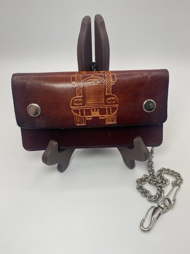 Vintage Leder Trucker Biker Geldbörse mit Kette Semi Truck braun