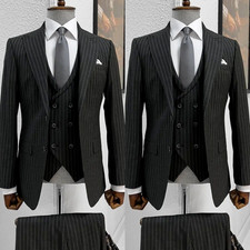 Business Formal Men's Suit Striped Black Offical 3Pcs Peak Lapel Tuxedo Jacket