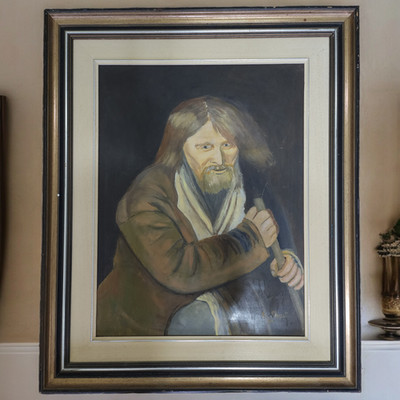 Vintage Original Oil Painting Portrait Old Man Staff Signed E Shuali Framed 1994