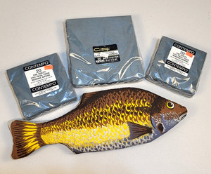 Vtg Fish Print Shaped Kitchen Oven Mitt 15" Napkins Unused 3p Grey Gold '80s USA